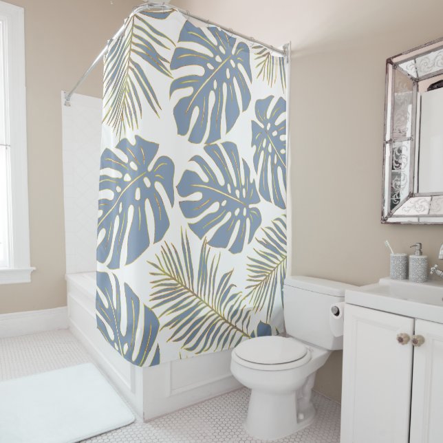 Dusty blue tropical leaves with gold outline shower curtain (In Situ)