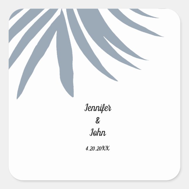 Dusty Blue Tropical Palm Leaf Elegant Cool Wedding Square Sticker (Front)