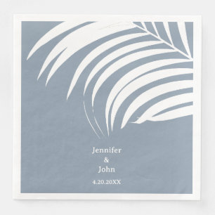 Dusty Blue Tropical Palm Leaves Elegant Wedding Napkin