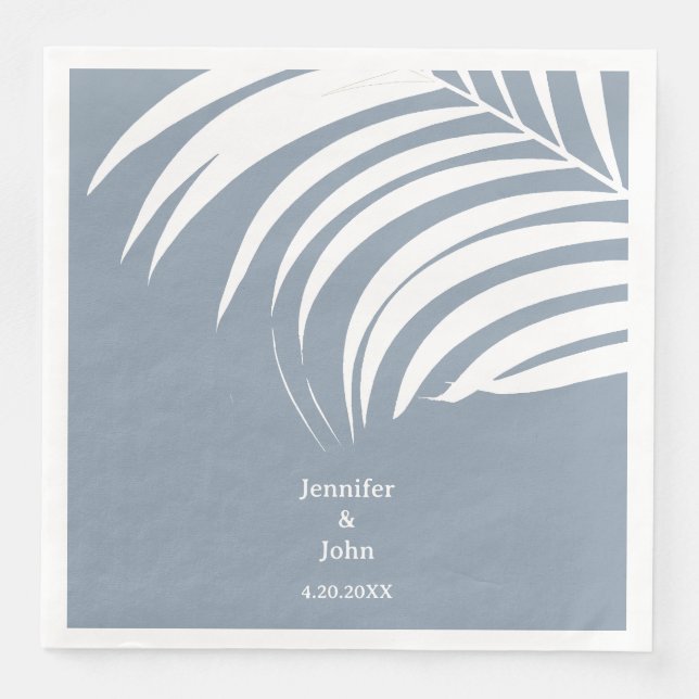 Dusty Blue Tropical Palm Leaves Elegant Wedding Napkin (Front)