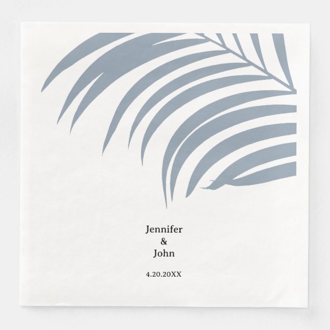 Dusty Blue Tropical Palm Leaves Trendy Wedding Napkin (Front)