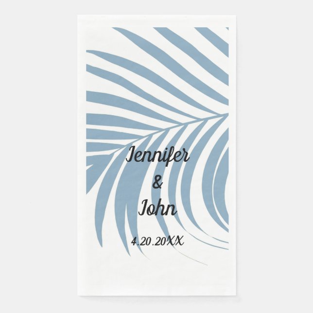 Dusty Blue Tropical Palm Tree Leaf Cute Wedding Napkin (Front)