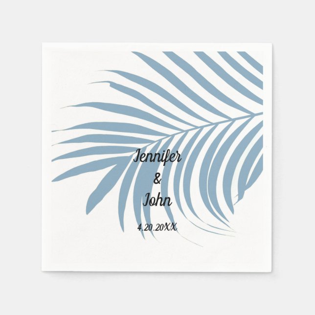 Dusty Blue Tropical Palm Tree Leaf Cute Wedding Napkin (Front)