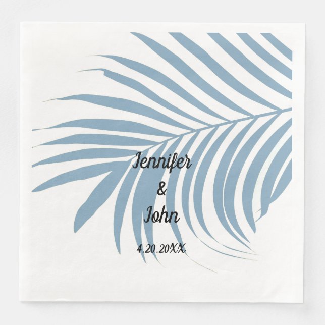 Dusty Blue Tropical Palm Tree Leaf Cute Wedding Napkin (Front)