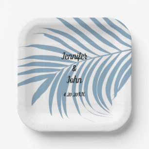 Dusty Blue Tropical Palm Tree Leaf Cute Wedding Paper Plate
