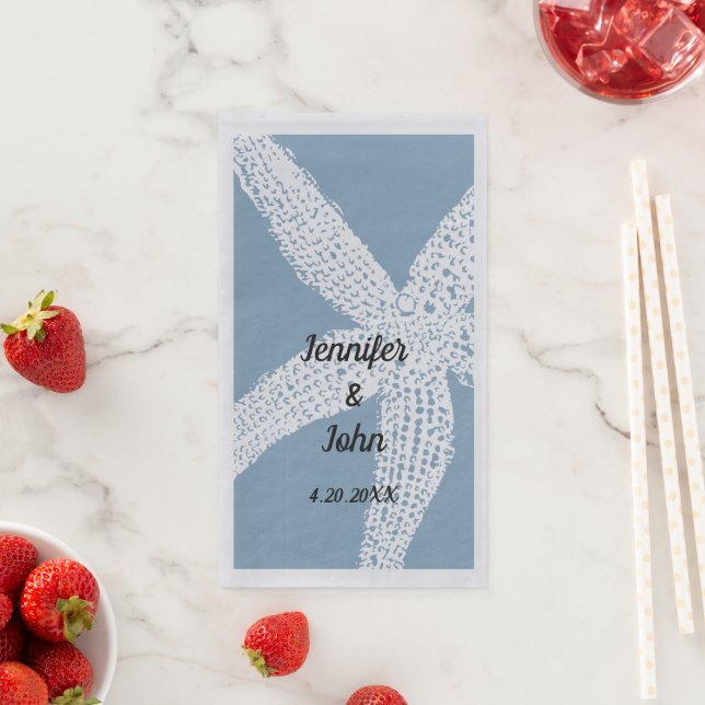 Dusty Blue Tropical Starfish Wedding 2023 Napkin (Insitu)