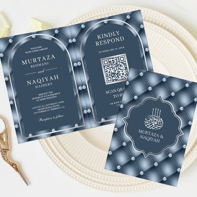 Dusty Blue Tufted Pattern QR Code Muslim Wedding Invitation (Creator Uploaded)