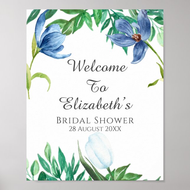 Dusty Blue Tulip Peony Bridal Shower Welcome Sign (Front)