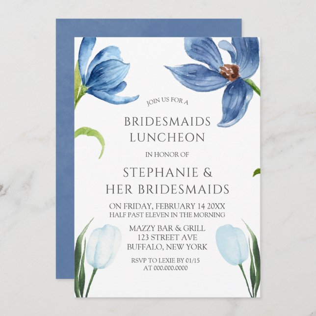 Dusty Blue Tulip Peony Bridesmaids Luncheon Invitation (Front/Back)