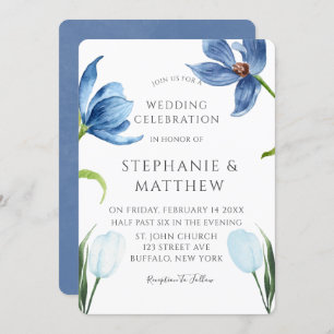 Dusty Blue Tulip Watercolor Peony Wedding Invitation