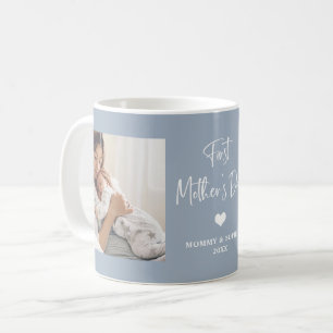 Dusty Blue   Two Photo Script First Mother's Day Coffee Mug