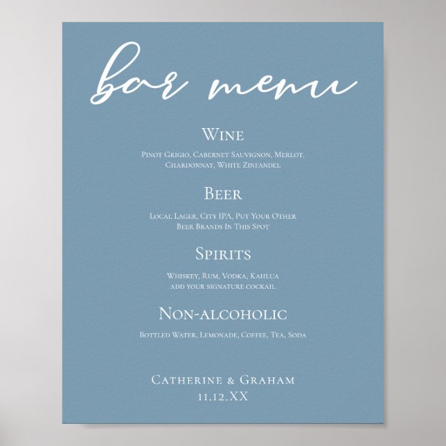 Dusty Blue Typography Wedding Bar Menu Poster (Front)
