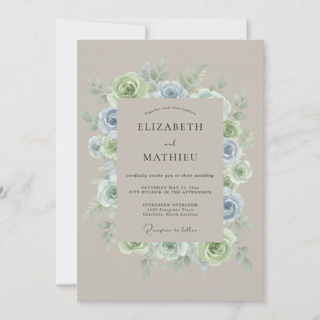 Dusty Blue Verdant Bloom Wedding Invitation (Front)