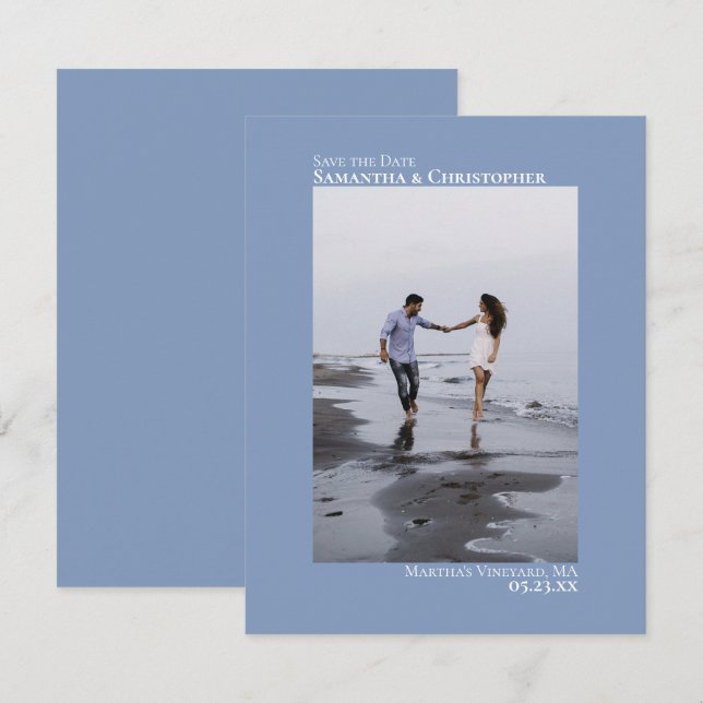 Dusty Blue Vertical Photo Minimalist Wedding Save The Date (Front/Back)