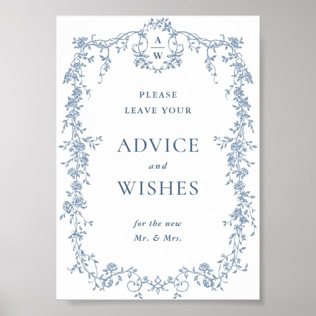 Dusty Blue Victorian Advice & Wishes Wedding Sign (Front)