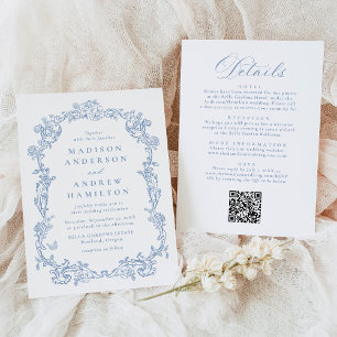 Dusty Blue Victorian Floral All in One Wedding Invitation