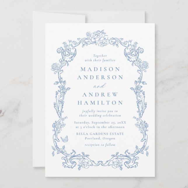 Dusty Blue Victorian Floral All in One Wedding Invitation (Front)
