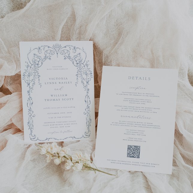 Dusty Blue Victorian Frame Wedding Invitation (Creator Uploaded)