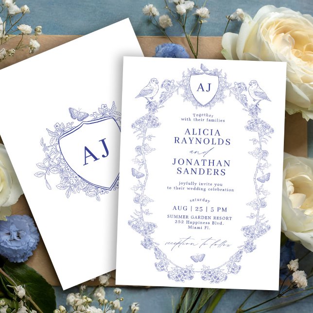 Dusty blue Victorian French classic floral wedding Invitation (Creator Uploaded)
