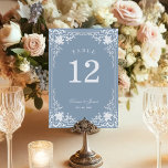 Dusty Blue Vintage Antique Ornate Elegant Wedding  Table Number<br><div class="desc">This dusty blue elegant wedding table number, with a vintage air, has a vintage frame with baroque faux silver decorations on a dusty blue background. The names are written in an elegant calligraphic script. All text can be personalised and has a silvery grey colour similar to the decorations of the...</div>