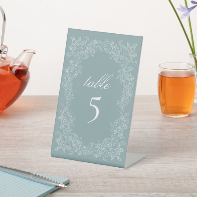 Dusty Blue Vintage Botanical Wreath Table Pedestal Sign (In SItu)