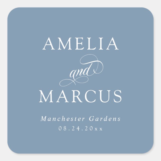 Dusty Blue Vintage Calligraphy Wedding Square Sticker (Front)