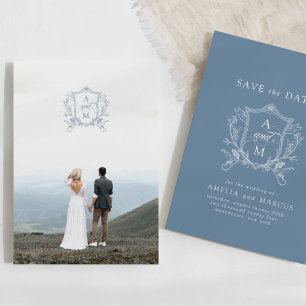 Dusty Blue Vintage Crest Save the Date Invitation