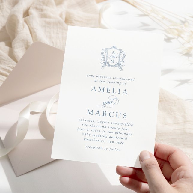 Dusty Blue Vintage Crest Wedding Invitation (Creator Uploaded)