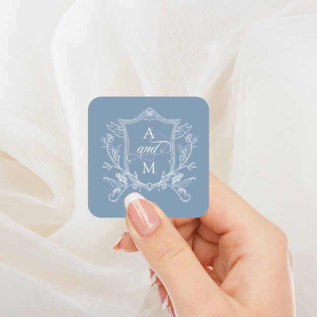 Dusty Blue Vintage Crest Wedding Square Sticker (Creator Uploaded)