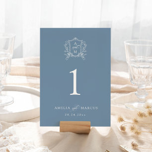 Dusty Blue Vintage Crest Wedding Table Number