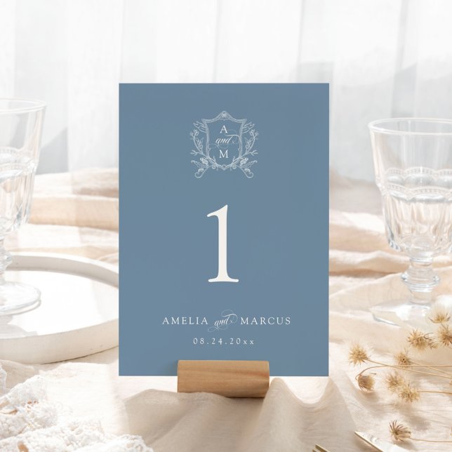 Dusty Blue Vintage Crest Wedding Table Number (Creator Uploaded)