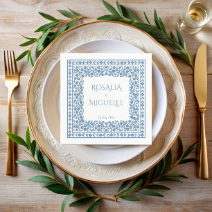 Dusty blue vintage floral border wedding napkin