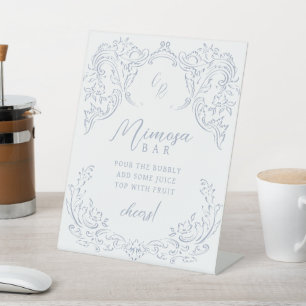 Dusty Blue Vintage Flourish Monogram Mimosa Bar Pedestal Sign