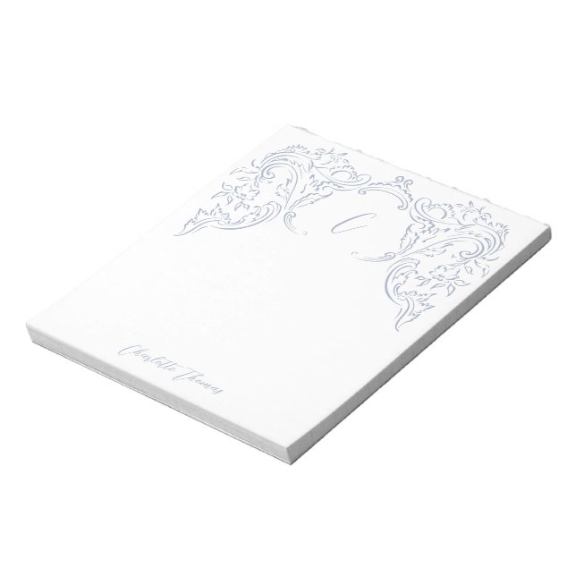 Dusty Blue Vintage Flourish Monogram Stationery Notepad (Rotated)
