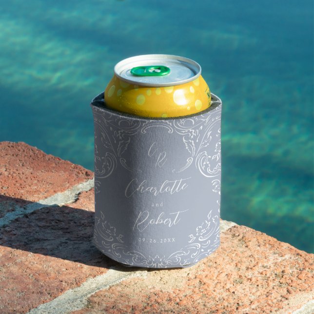 Dusty Blue Vintage Flourish Monogram Wedding Can Cooler (In Situ Pool)