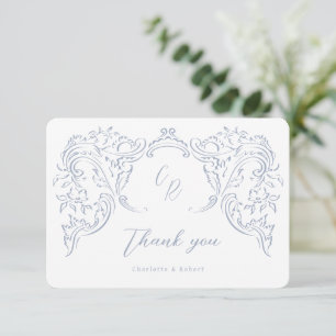 Dusty Blue Vintage Flourish Monogram Wedding Thank You Card