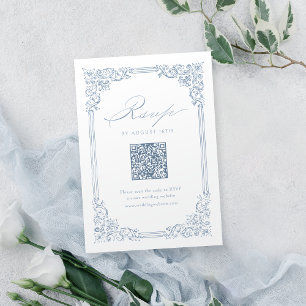 Dusty Blue Vintage Frame Elegant QR Code Wedding RSVP Card