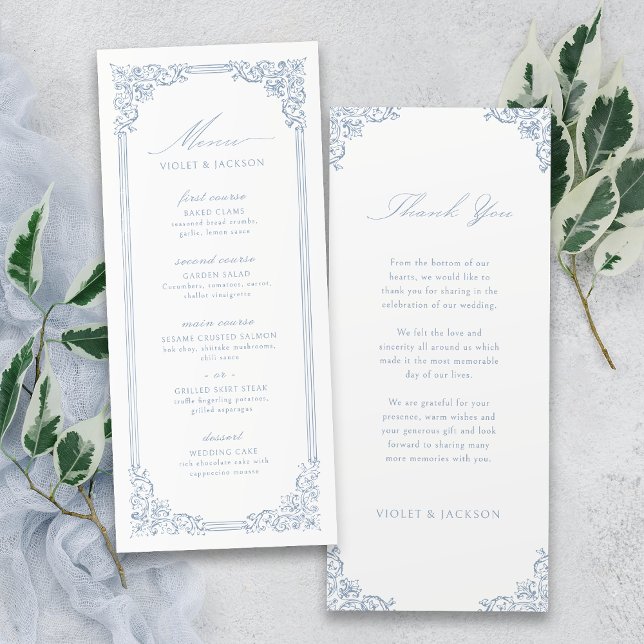 Dusty Blue Vintage Frame Elegant Script Wedding Menu (Dusty Blue Vintage Frame Elegant Script Wedding Menu)
