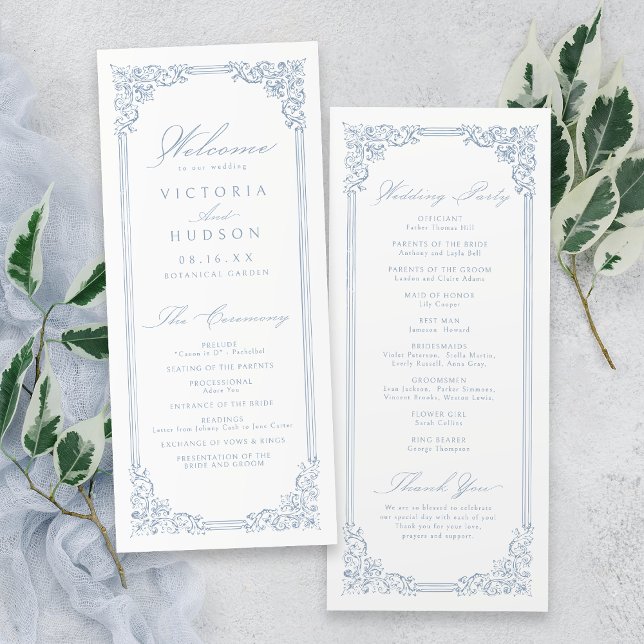 Dusty Blue Vintage Frame Elegant Script Wedding Program (Dusty Blue Vintage Frame Elegant Script Wedding Program)