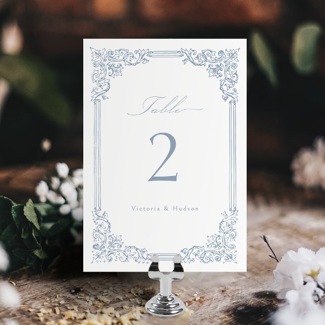 Dusty Blue Vintage Frame Elegant Script Wedding Table Number (Dusty Blue Vintage Frame Elegant Script Wedding Table Number)