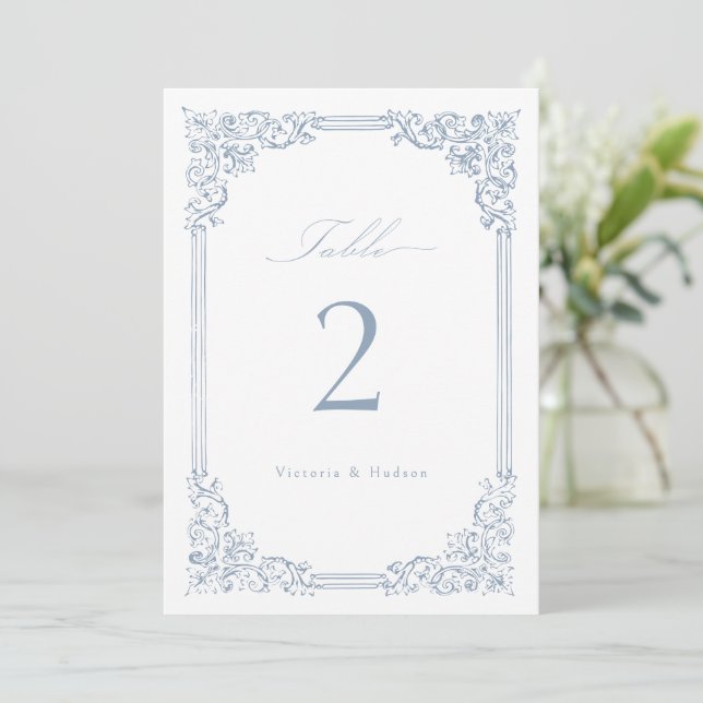 Dusty Blue Vintage Frame Elegant Table Number (Standing Front)