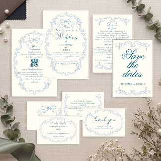 Dusty Blue Vintage French Toile Wedding Invitation