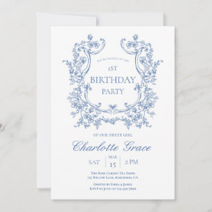 Dusty Blue Vintage Monogram Birthday Invitation