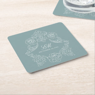Dusty Blue Vintage Monogram Crest Wedding Logo Square Paper Coaster