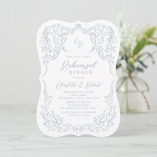 Dusty Blue Vintage Monogram Rehearsal Dinner Invitation