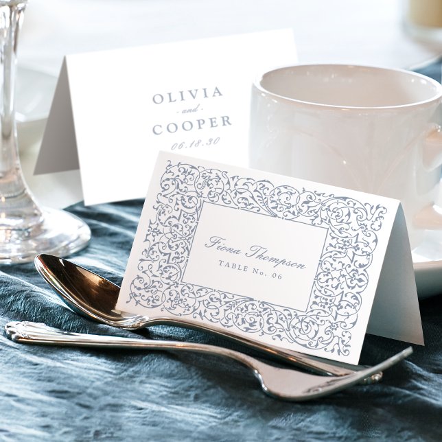 Dusty Blue Vintage Ornate Foldable Place Card (Dusty Blue Vintage Ornate Foldable Place Card)