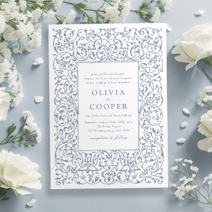 Dusty Blue Vintage Ornate Frame Classic Wedding Invitation