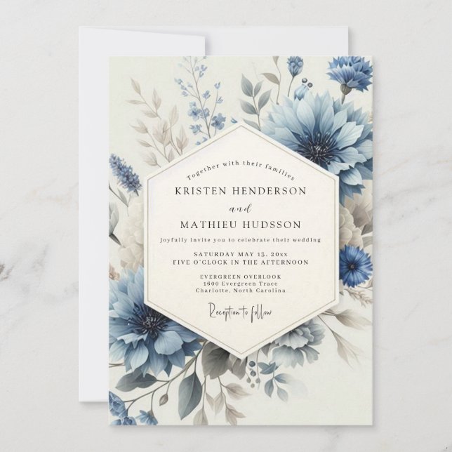 Dusty Blue Washed Floral Wedding Invitation (Front)
