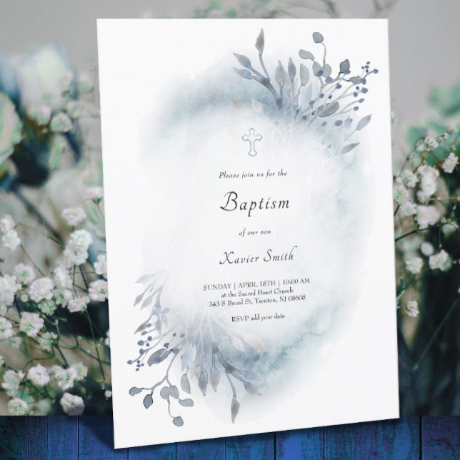 dusty blue watercolor  Baptism baby boy Invitation (Creator Uploaded)