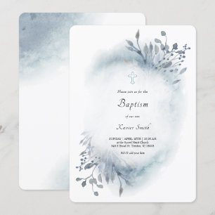 •dusty blue watercolor  Baptism baby boy Invitation